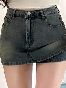 Dazy Plus Plus Size Washed Distressed Denim Wrap Mini Skirt With Built-In Safety Shorts, Spring/Summer Jeans Skirt - Dark Wash - View 1