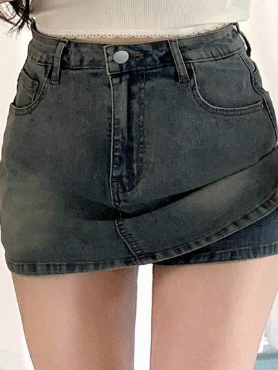 REIGN AVE Rok Mini Model Lilit Denim Pudar dan Sobek Ukuran Plus dengan Celana Pendek Pengaman Terintegrasi, Rok Jeans Musim Semi/Panas