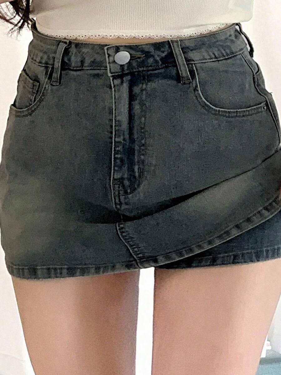 Dazy Plus Plus Size Washed Distressed Denim Wrap Mini Skirt With Built-In Safety Shorts, Spring/Summer Jeans Skirt - Dark Wash - View 1