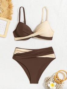 Oceva Bộ bikini hai mảnh phối áo ngực chéo trước màu sắc dành cho nữ đi biển mùa hè và quần bơi Bikini màu nâu - Nhiều màu - Xem 3