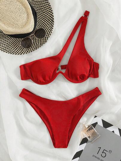 Swim Basics 2026 Spring/Summer Adjustable Shoulder Strap Underwire Padded Back Hook Solid Color High Cut Bottom Red Women's Bikini 2-Piece Set