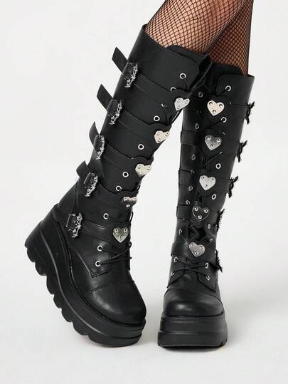 Grunge Punk 2025 New Fashion Dark PU Leather Knee-High Boots For Women, Autumn/Winter, Punk Style Thick Sole Rider Boots With Belt & Bat Buckle