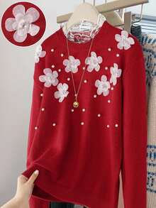 SHEIN LUNE Elegant Women's Red Autumn Pullover Sweater,Heavy Beaded Three-Dimensional Flower Lace Splicing,Long-Sleeved Stand Collar Party Christmas New Year - Red - View 1
