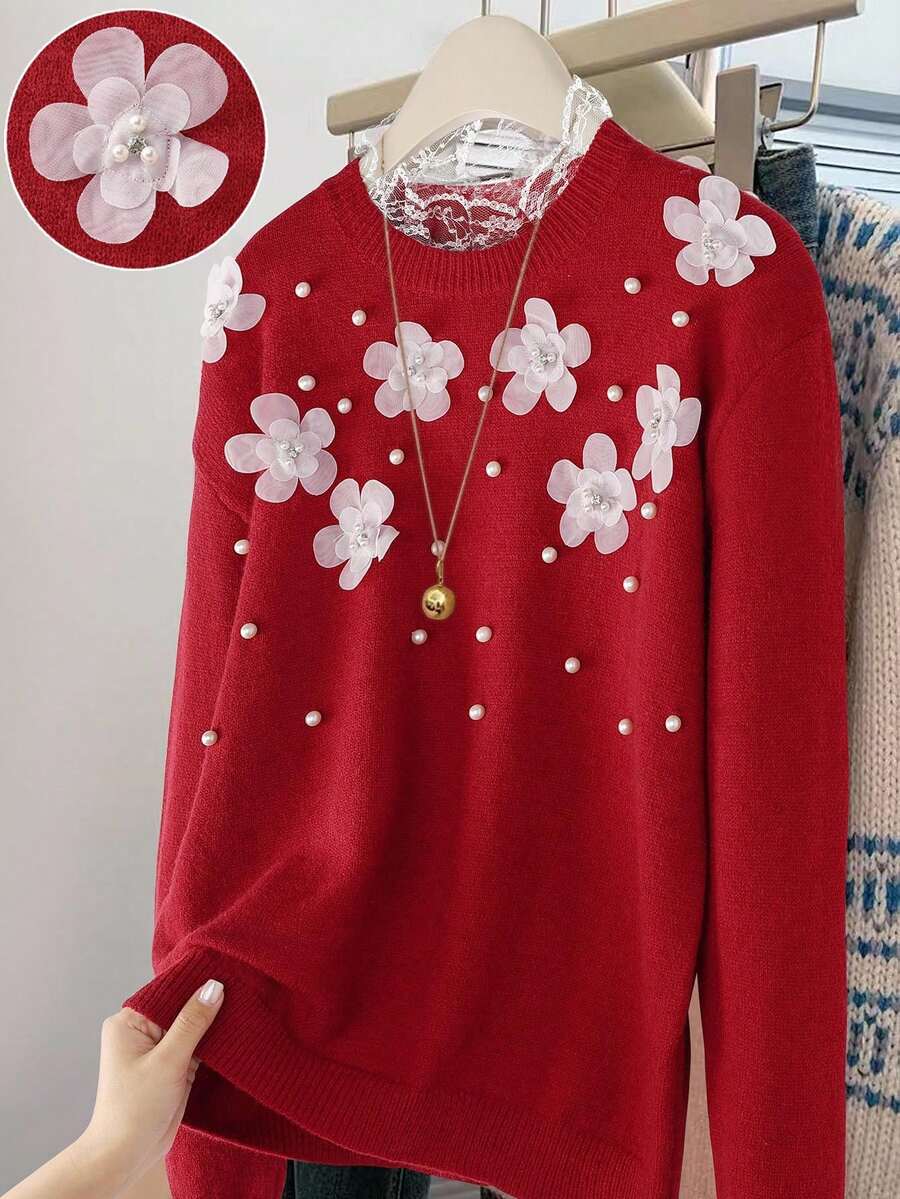 SHEIN LUNE Elegant Women's Red Autumn Pullover Sweater,Heavy Beaded Three-Dimensional Flower Lace Splicing,Long-Sleeved Stand Collar Party Christmas New Year - Red - View 1