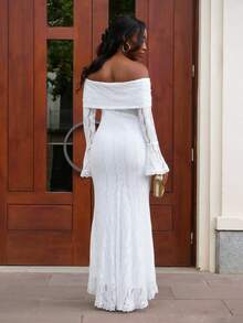 Yess Loren Women's Elegant Off Shoulder White Lace Long Sleeve Maxi Mermaid Dress, Suitable For Wedding, Party, Bridesmaid Dress,White Graduation Dress - White - View 2