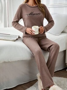 EURMUSE Conjunto de pantalón y camisa de manga larga con letras de punto acanalado para mujer, ropa de estar en casa y de descanso - Marrón - Ver 6