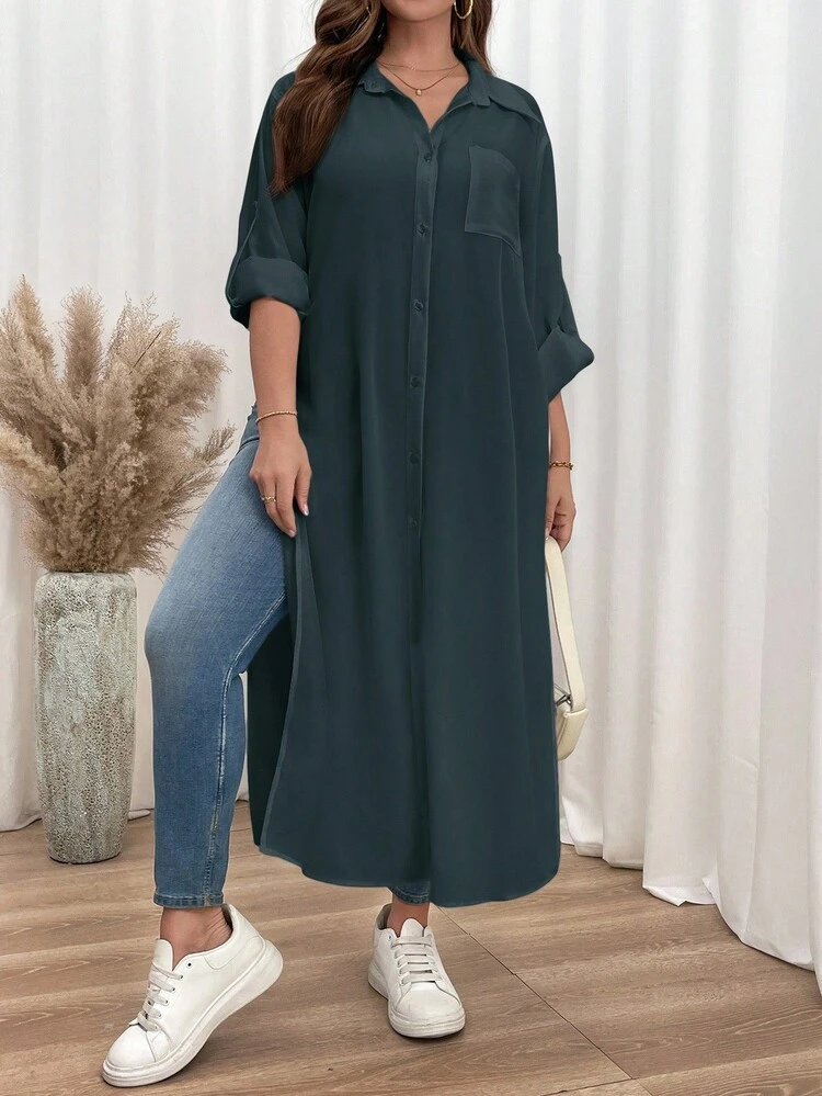SHEIN Essnce Plus-Size Shirt Dress, Black Dress, High-Slit Long-Sleeved Dress,Long Sleeve Shirt Black Dress Funeral,Long Sleeve Dress - Dark Green - View 1