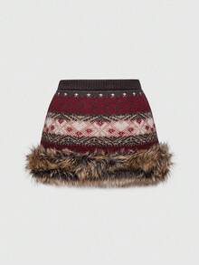 ROMWE Avant Y2K 秋冬雪景费尔岛提花短款毛衣裙 - 棕色 - 查看 2