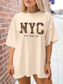 EMERY ROSE Áo thun cổ tròn tay ngắn in chữ New York thời trang cỡ lớn cho nữ - Màu be - Xem 4