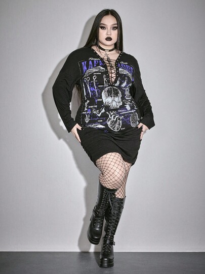 Grunge Punk Vestido ajustado de manga larga con escote en V profundo, estampado de esqueleto y serpiente, con cordones metálicos, talla grande, para mujer, sexy, para fiesta, otoño/invierno