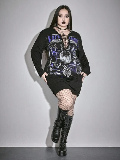 ROMWE Grunge Punk Plus Size Punk Skeleton & Snake Print Metal Lace-Up Deep V Bodycon Ruched Long Sleeve Dress, Autumn/Winter Plus Size Women Sexy Clubwear Party Dress
