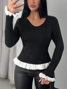 EURMUSE 女士荷叶边下摆罗纹针织 V 领套头衫 - 黑色 - 查看 4