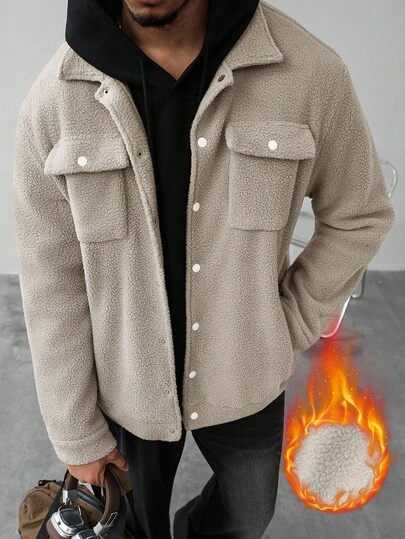 Manfinity Homme Men's Fuzzy Fabric Lapel Single-Breasted Utility Pocket Thermal Lined Jacket, Cozy Autumn/Winter Outerwear For Daily Wear, Campus Style, And Perfect Gift For Boyfriend, Men Shacket Borg Jacket Men Teddy Jacket Men Overshirt, Old Money Style