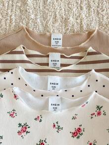 4件套女童波点、花卉、罗纹印花杏色底衫搭配卡其色纯色罗纹针织领口荷叶边下摆长袖内衣套装，可爱时尚，秋冬季可内搭或外穿。