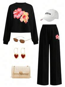 Sparklyn 2pcs/Set Teen Girls Casual Loose Floral Print Cropped Loose Sweatshirt + Elastic Waist Wide Leg Pants Set, Versatile Apricot Fall Winter