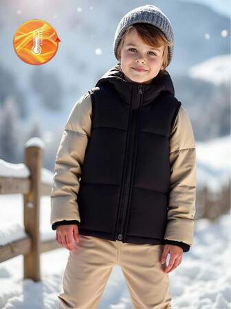 SHEIN 1pc Young Boy Hooded Vest, Made Of High-Quality Black Woven Fabric, Filled With Soft Padding, Comfortable And Crisp. Front Zipper Closure, Sleeveless Design For Easy Movement. Simple And Casual Style, Suitable For Kindergarten, Outdoor Activities, And Daily Wear. Can Be Layered With Sweatshirts Or Sweaters In Autumn/Winter To Create A Stylish Look, An Essential Back-To-School Wardrobe Item. Fall