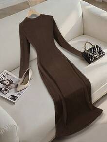 Franclia 女士条纹纹理优雅圆领中长连衣裙 - 棕色 - 查看 2