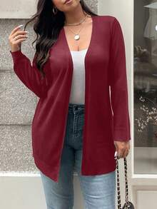 Vionelle Plus Size Women Solid Color Long Sleeve Casual Open Front Knit Cardigan, Autumn Red Cardigan Women Fall Clothes For Women Maroon Outfits For Women Cardigan Women Shrug Plus Size - Burgundy - View 3