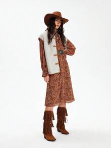Styleloop 女式方头粗跟棕色系带装饰绒面时尚舒适一脚蹬靴，适合休闲、派对、夜总会、万圣节、圣诞节、音乐节、秋季，棕色西部风/核心 - 棕色 - 查看 5