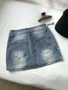 Elamini Women's Cross Patch Pocket Bodycon Denim Mini Skirt - Blue - View 2