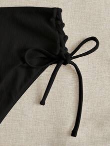 Swim Basics 2026 Spring/Summer 2pcs Women Black Beach Outfit, Deep V Backless Ruched Wireless Swimsuit, Casual Summer Beach Swimwear - Black - View 5