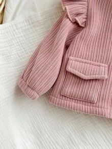 SHEIN Newborn Baby Girl Cute Casual Versatile Pink Corduroy Thermal Lined Hooded Jacket, Autumn/Winter Fall - Pink - View 3