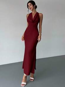 Firerie Elegant Daily Fashion New Vacation Date Sexy Graceful Banquet Party Glamorous Charming Wine Red Halter Deep V Backless Flowy Waist Mermaid Wine Red Long Dress, Graduation Season, Back To School Season, Party Dress, Afternoon Tea Dress, Sun Dresses ,Wedding Guest Dress Women - Burgundy - View 6