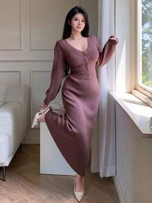 DAZY Damen Set aus einfarbigem, minimalistischem Langarm-Top und Rock, 2-teilig - Violett - Übersicht 6