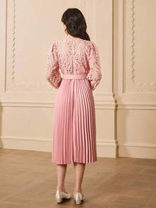 少女圆领长袖蕾丝拼布褶皱优雅派对连衣裙，适合万圣节、圣诞节 - 粉色 - 查看 2