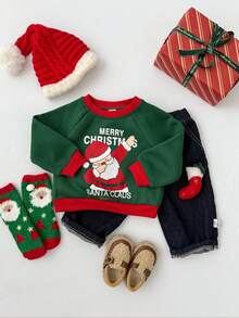 Sudadera con cuello redondo y mangas raglán con estampado de letras de dibujos animados y Papá Noel para bebé niño - Verde - Ver 3