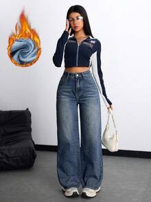 SHEIN EZwear 保暖内衬口袋休闲感恩节圣诞节直筒牛仔裤 - 深色水洗藍 - 查看 3