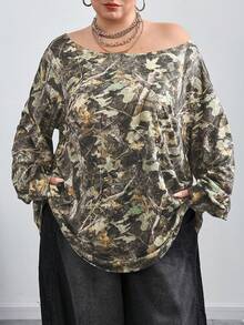 SHEIN CURVE+ Plus Size Women's Y2K Pattern Elastic Off-Shoulder Sports T-Shirt/Autumn /Winter