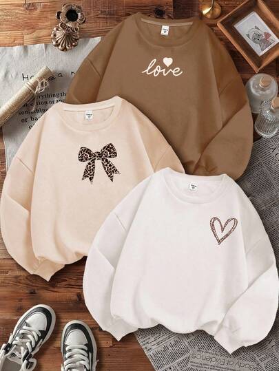 3 件套复古奶油色、奶油米色、卡其色豹纹心形、豹纹蝴蝶结、字母图案青少年女孩休闲宽松圆领舒适长袖运动衫，适合秋冬季