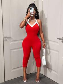 SHEIN PETITE Contrast Trim Halter Backless Sleeveless Bodysuit - Red - View 3