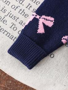 SHEIN Playful Pals 粉色蝴蝶结图案针织开衫，适合居家、外出、聚会、返校季、冬季、圣诞节、万圣节等场合，秋季保暖舒适。 - 藏蓝色 - 查看 7