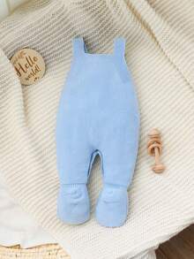 男婴可爱休闲时尚蓝色针织毛衣和围兜连体裤，柔软舒适 - 淺藍色 - 查看 3