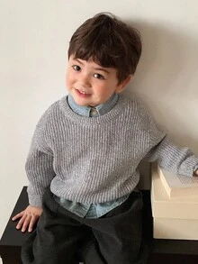DAZY 幼儿男童圆领纯色休闲韩版长袖毛衣 - 灰色 - 查看 1