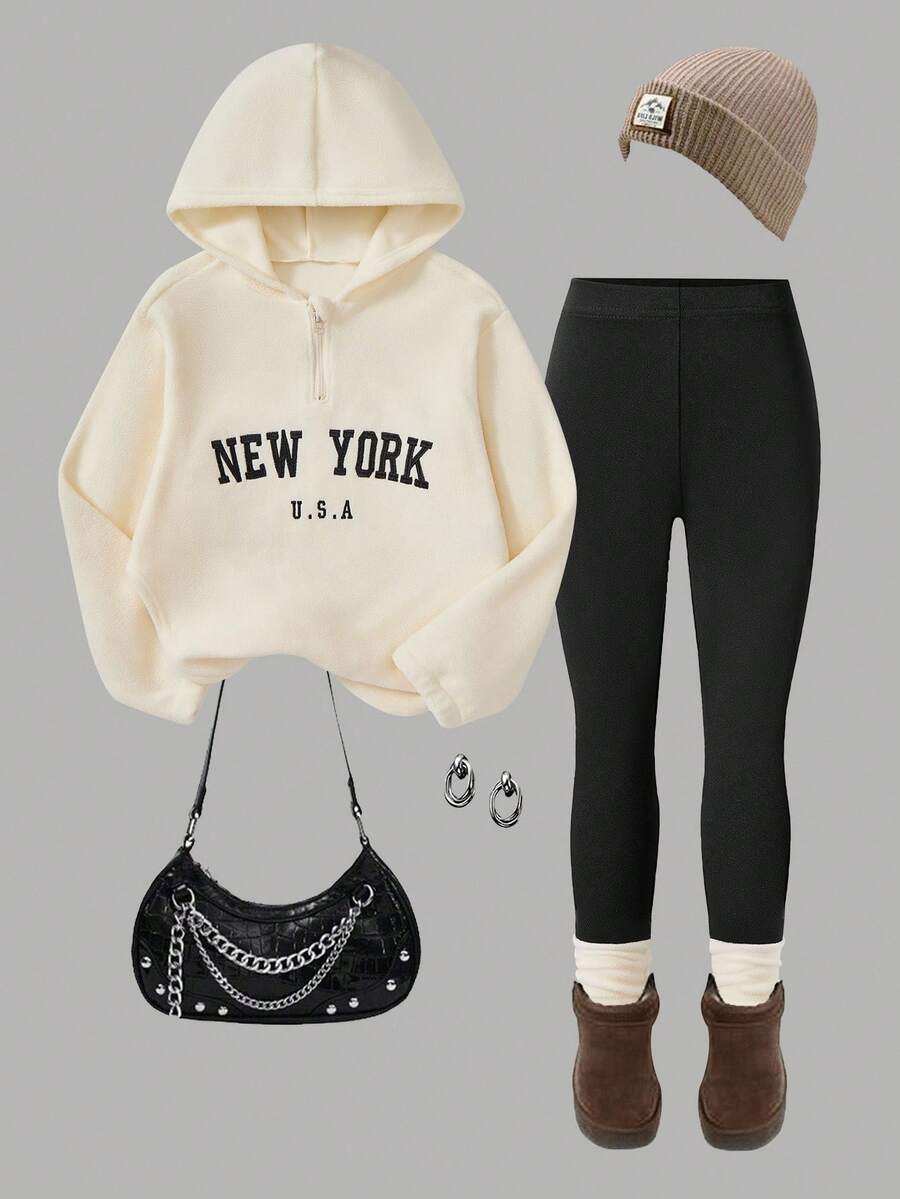 Sparklyn Ropa de invierno y otoño, conjunto de niña preadolescente con sudadera con capucha bordada con letras y leggings de color contrastante, conjunto de otoño - Blanco y Negro - Ver 1