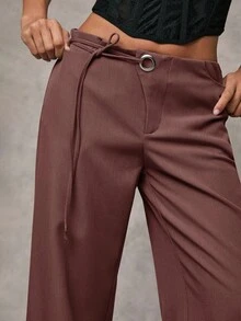 SHEIN BAE 女士灰色纯色休闲通勤休闲日常休闲腰部孔眼装饰抽绳宽松阔腿裤 - 紅木色 - 查看 6
