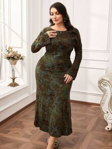 Modelyn Damen Kleid in Große Größen mit Blumenmuster, rundem Ausschnitt, Langarm und Raffungen, elegantes Design