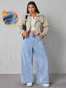 SHEIN ICON 大码女式时尚休闲浅色宽松牛仔裤 - 淺色水洗藍 - 查看 6