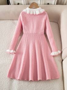 Sparklyn Váy len cổ nhún bèo, váy len nơ đen cho bé gái - Hồng - Xem 2