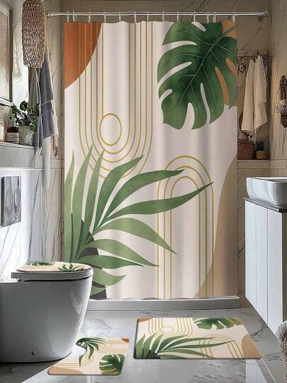 1/4 件套中世纪热带波西米亚风格浴室帘套装 – 包括浴帘、地垫、U型马桶垫、马桶盖套；防水浴帘，适用于浴室装饰，时尚百搭（也可用于门、窗和遮阳），现代风格浴室隔断帘；免打孔安装，涤纶材质，可机洗