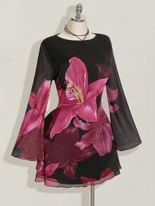 SHEIN ICON Váy thu cỡ lớn cho nữ, Váy dài tay cho nữ, Váy lễ hội tay kèn lưới hoa lớn cổ điển Y2k mặc hàng ngày - Nhiều màu - Xem 5