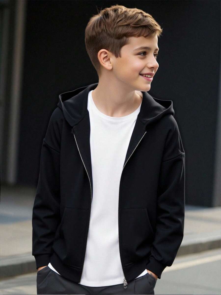 Chaqueta con capucha estilo universitario y parches en los bolsillos, informal y deportiva, adecuada para niños, vuelta al colegio, uso diario, colegio, viajes y deportes, color negro para otoño e invierno - Negro - Ver 1