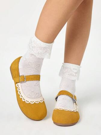 Kawaii Zapatos de mujer tipo bailarina con lazo estilo Lolita, de punta cerrada y suela plana