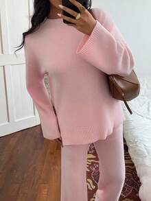 SHEIN Unity Women's Casual Solid Color Knitted Sweater And Pants 2 Pieces Set, Autumn/Winter
