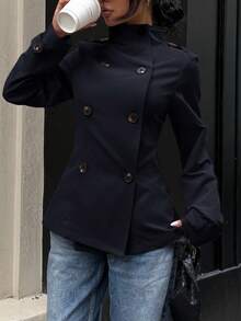 SHEIN EZwear 女式纯色纽扣装饰长袖风衣，秋季 - 藏蓝色 - 查看 5