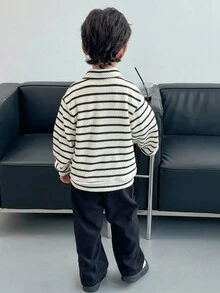 Genkimix Kids 2pcs/Set Toddler Boys' Autumn New Striped Collar Long Sleeve Button-Up Shirt Top And Straight Leg Casual Pants Set, Stylish Street Fashion Outfit Fall Winter - Black and White - View 2