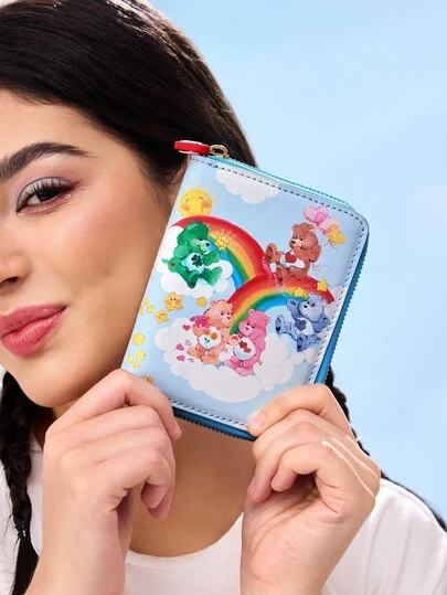 SHEIN X Care Bears 1pc Cute Cartoon Good Luck Bear, Tenderheart Bear, Love-A-Lot Bear, Friend Bear Pattern Zipper PU Leather Short Wallet, Accordion Interior, Card Slots, Suitable For Ladies & Students